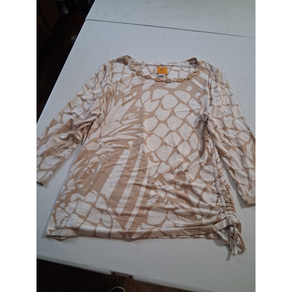 Ruby Rd Tan White Abstract Palm Print 3/4 Sleeve Beaded Neck Ruched Top L